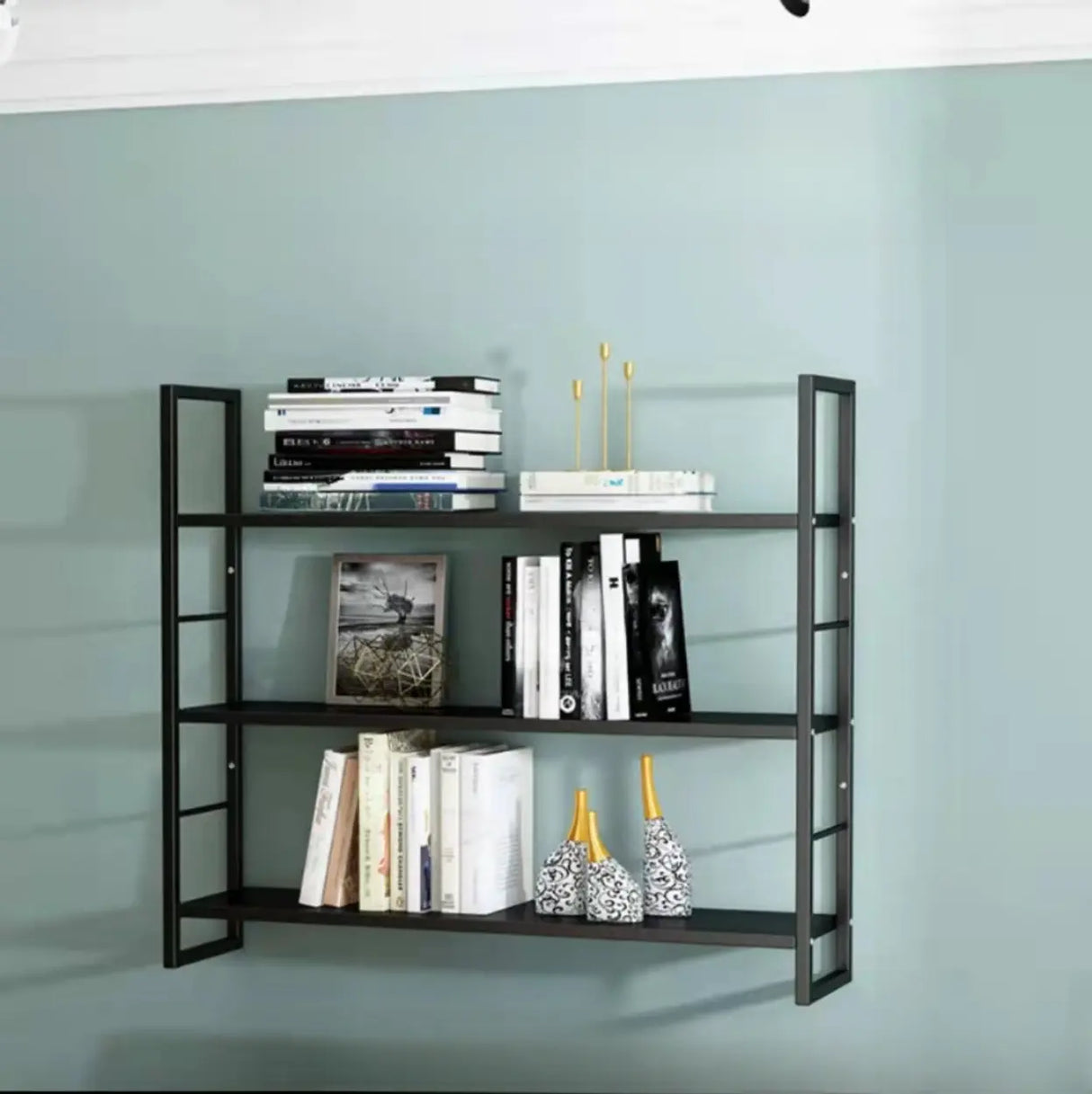 Stylish Open 3-Tier Black Wall-Mounted Iron Bookshelf Image - 5