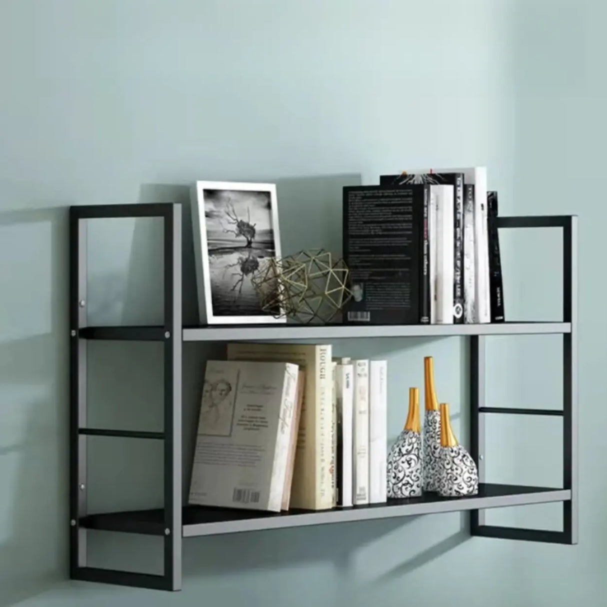 Stylish Open 3-Tier Black Wall-Mounted Iron Bookshelf Image - 7