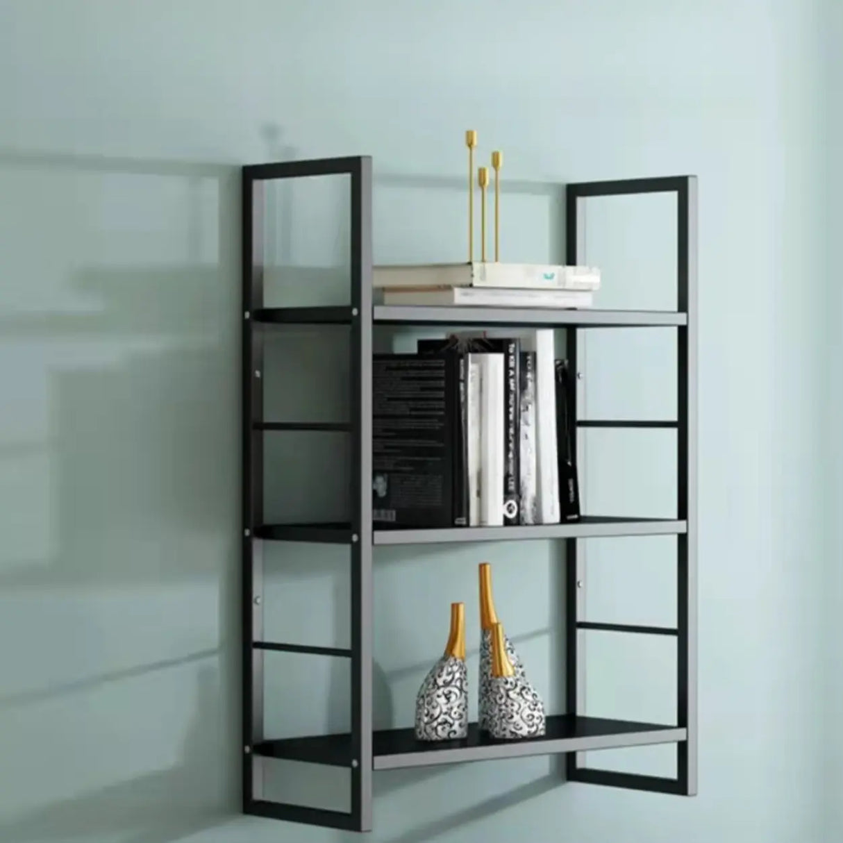 Stylish Open 3-Tier Black Wall-Mounted Iron Bookshelf Image - 8
