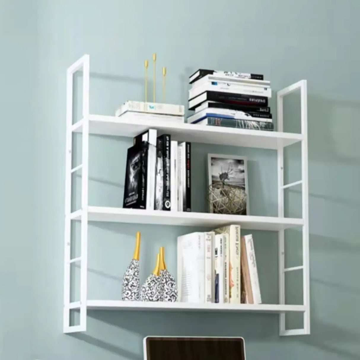 Stylish Open 3-Tier Black Wall-Mounted Iron Bookshelf Image - 9