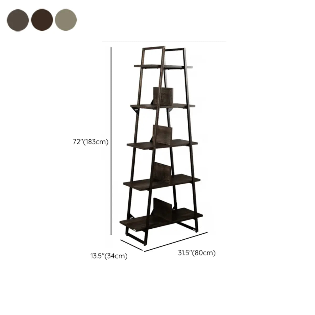 Stylish Open Ladder Alloy 5 Wooden Shelves Bookshelf 