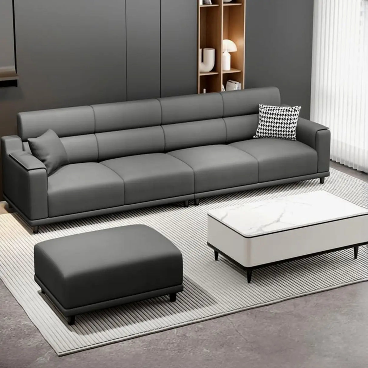 Stylish Premium Grey Tech Cloth Pillow Four Seats Sofa Image - 1