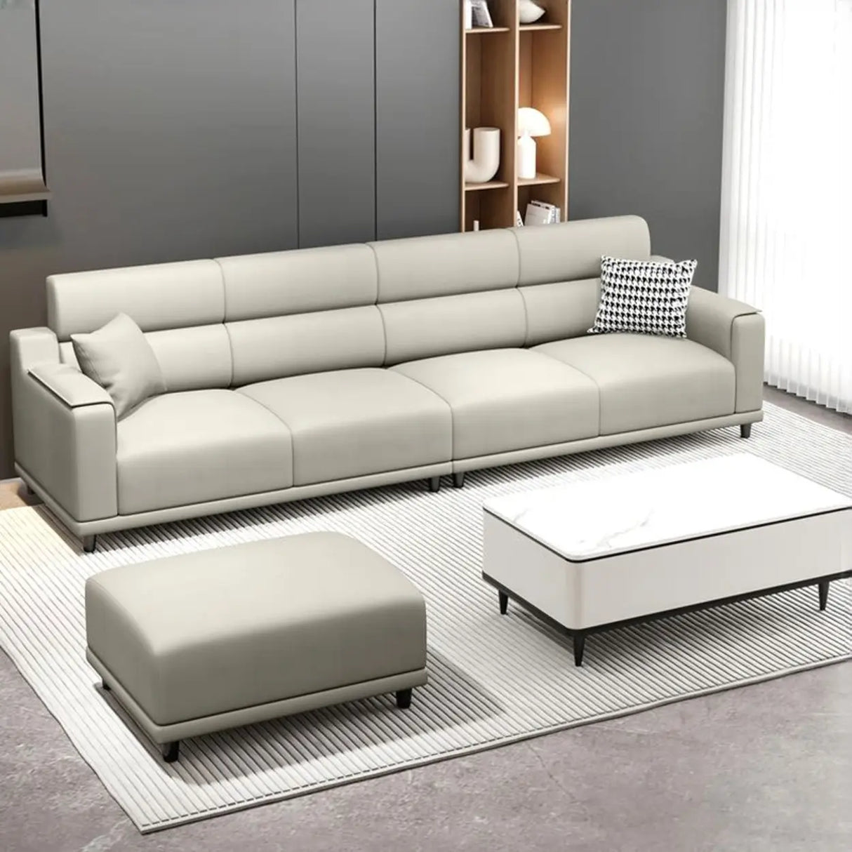 Stylish Premium Grey Tech Cloth Pillow Four Seats Sofa Image - 10