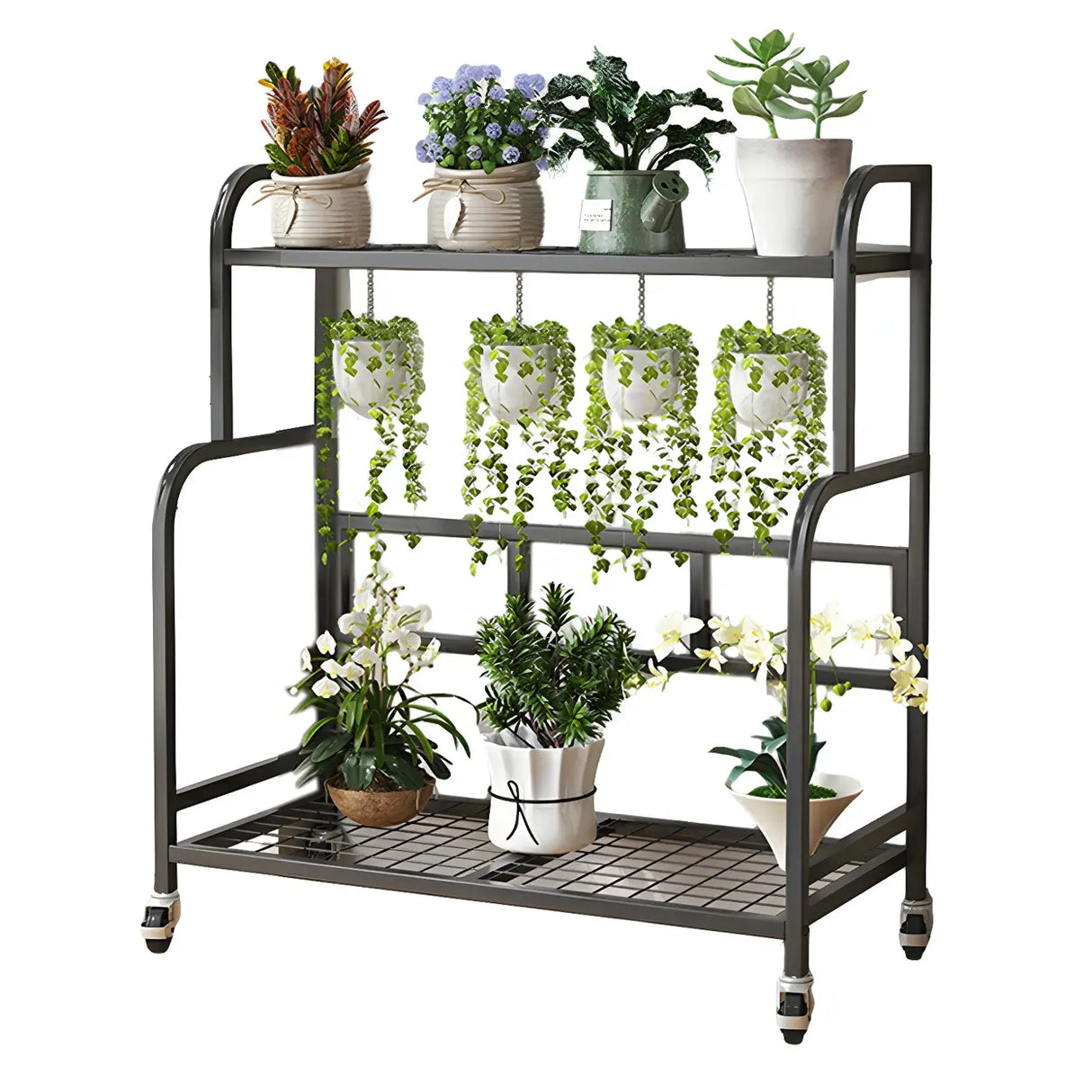Stylish Rectangle Metal Black Plant Stand with Wheels Image - 10