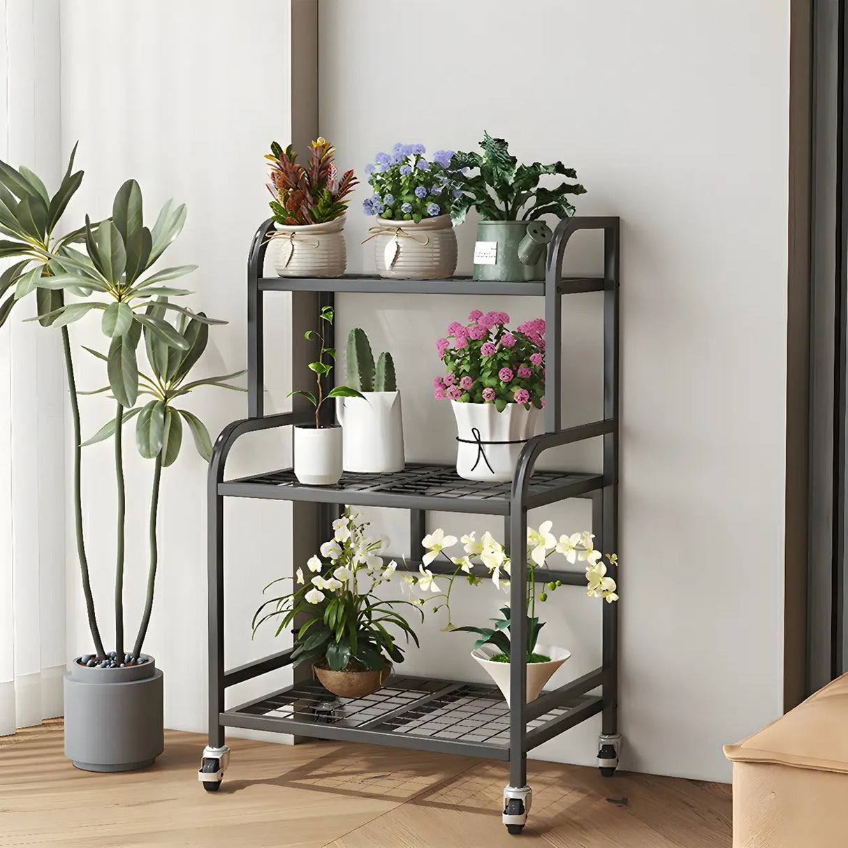 Stylish Rectangle Metal Black Plant Stand with Wheels Image - 14