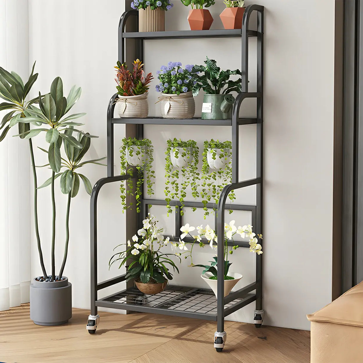 Stylish Rectangle Metal Black Plant Stand with Wheels Image - 19