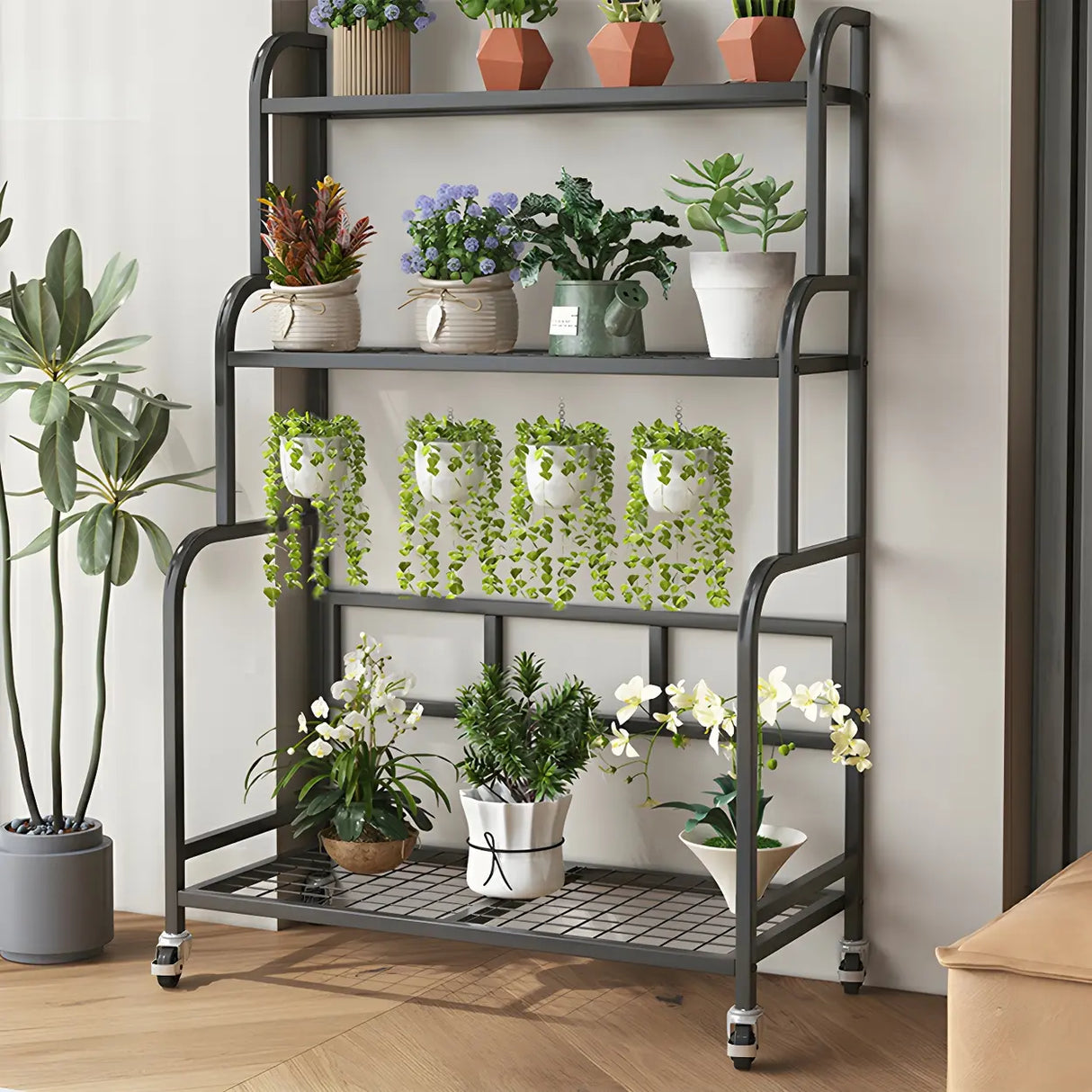 Stylish Rectangle Metal Black Plant Stand with Wheels Image - 21