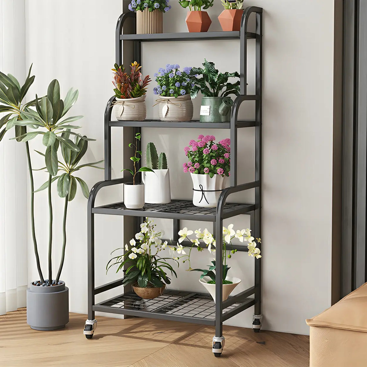 Stylish Rectangle Metal Black Plant Stand with Wheels Image - 23