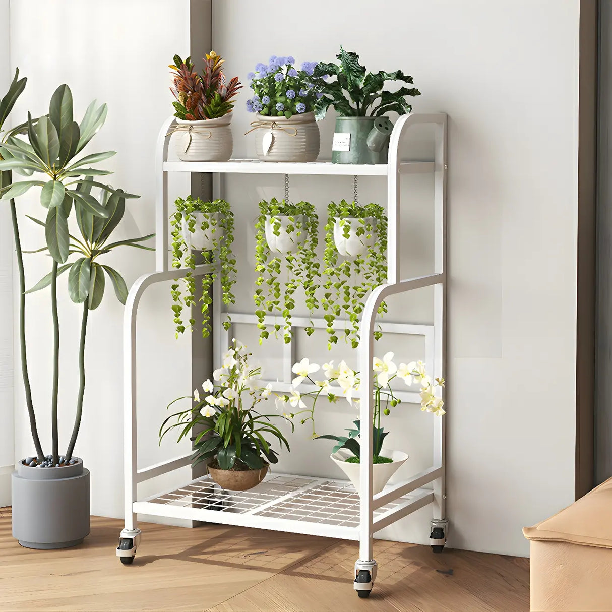 Stylish Rectangle Metal Black Plant Stand with Wheels Image - 4