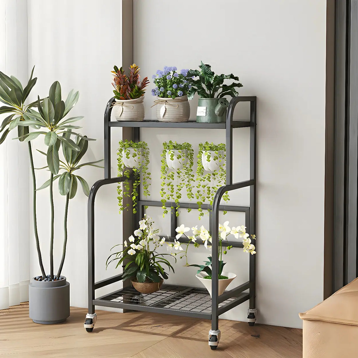 Stylish Rectangle Metal Black Plant Stand with Wheels Image - 5