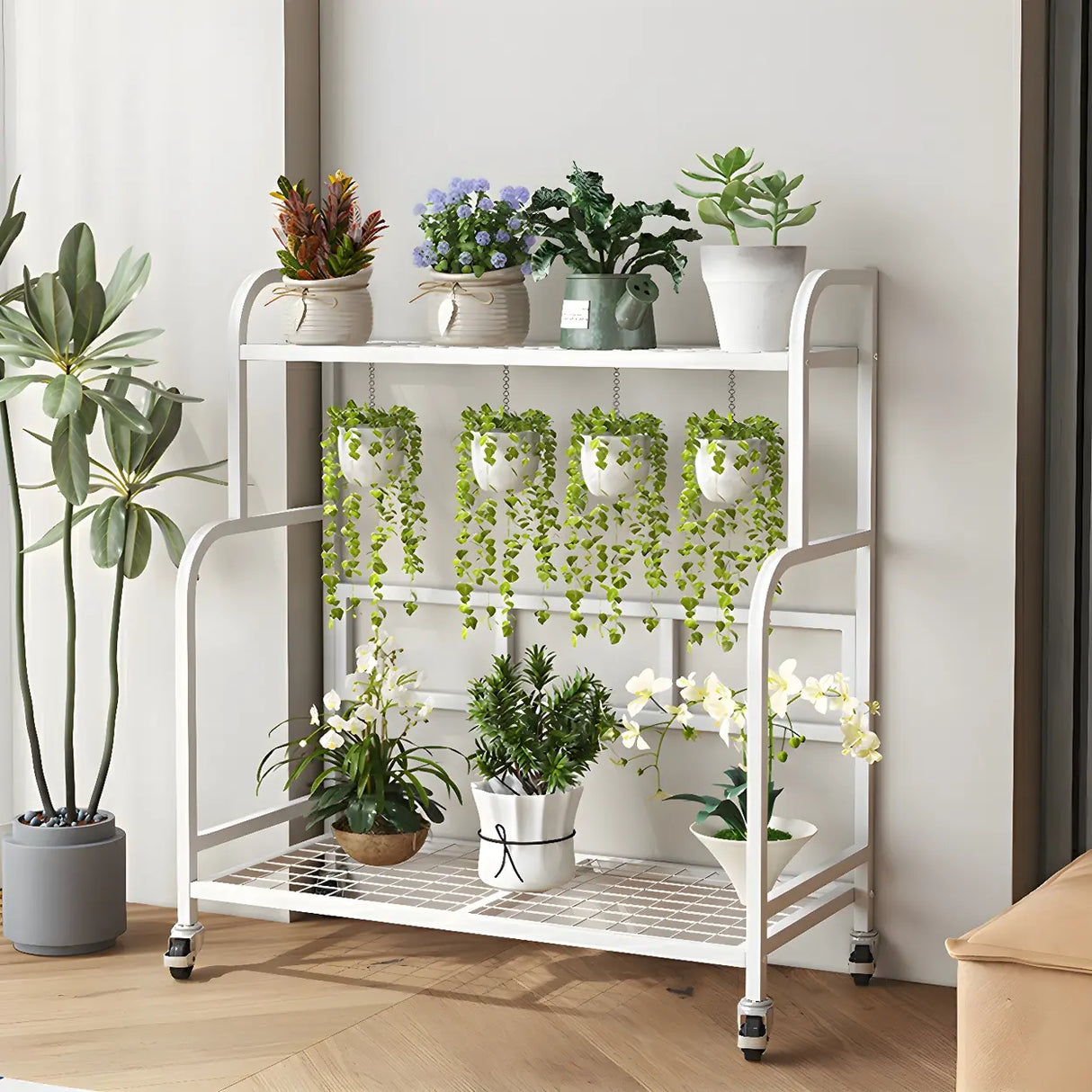 Stylish Rectangle Metal Black Plant Stand with Wheels Image - 7