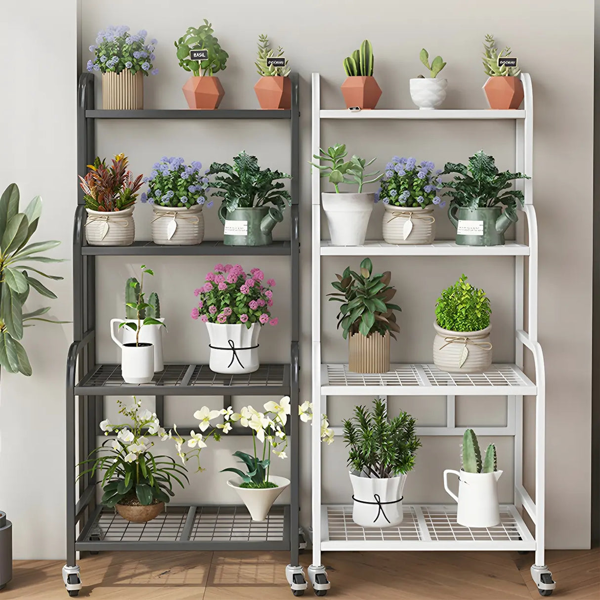 Stylish Rectangle Metal Black Plant Stand with Wheels Image - 8