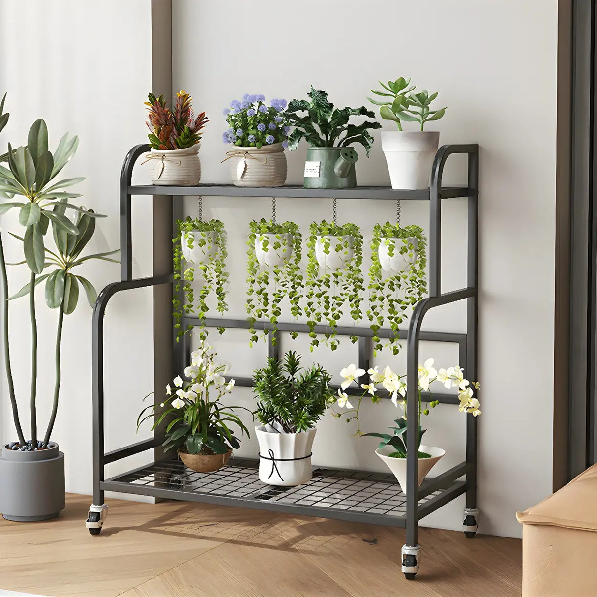 Stylish Rectangle Metal Black Plant Stand with Wheels Image - 9