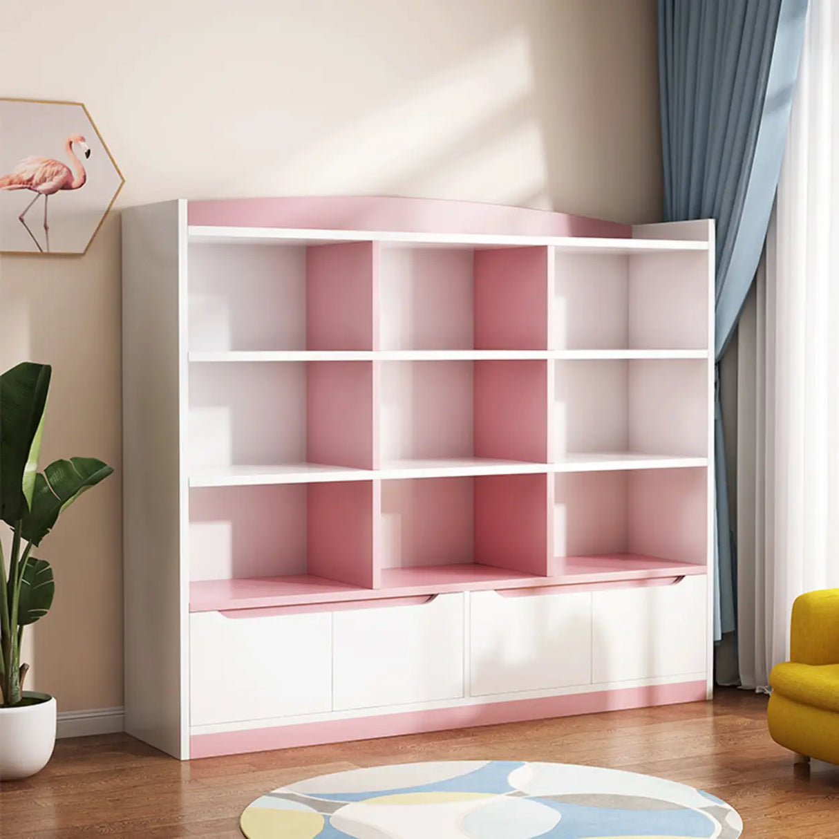 Stylish Rectangular Wooden Closed Bookcase Pink-White Image - 1