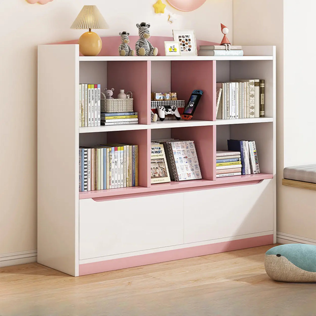 Stylish Rectangular Wooden Closed Bookcase Pink-White Image - 12