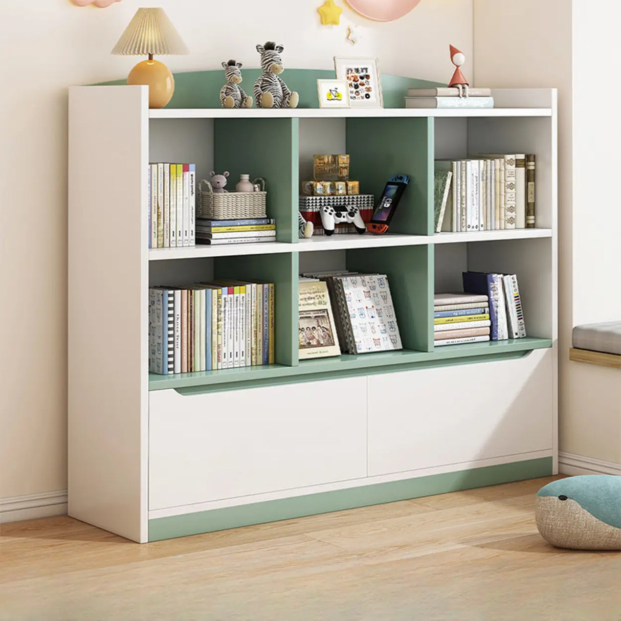 Stylish Rectangular Wooden Closed Bookcase Pink-White Image - 13
