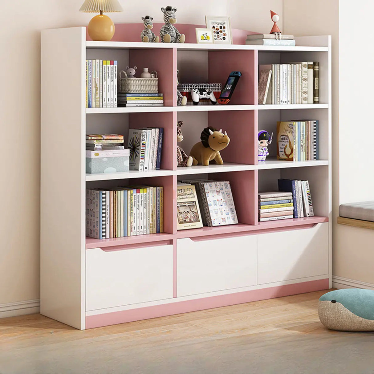 Stylish Rectangular Wooden Closed Bookcase Pink-White Image - 14