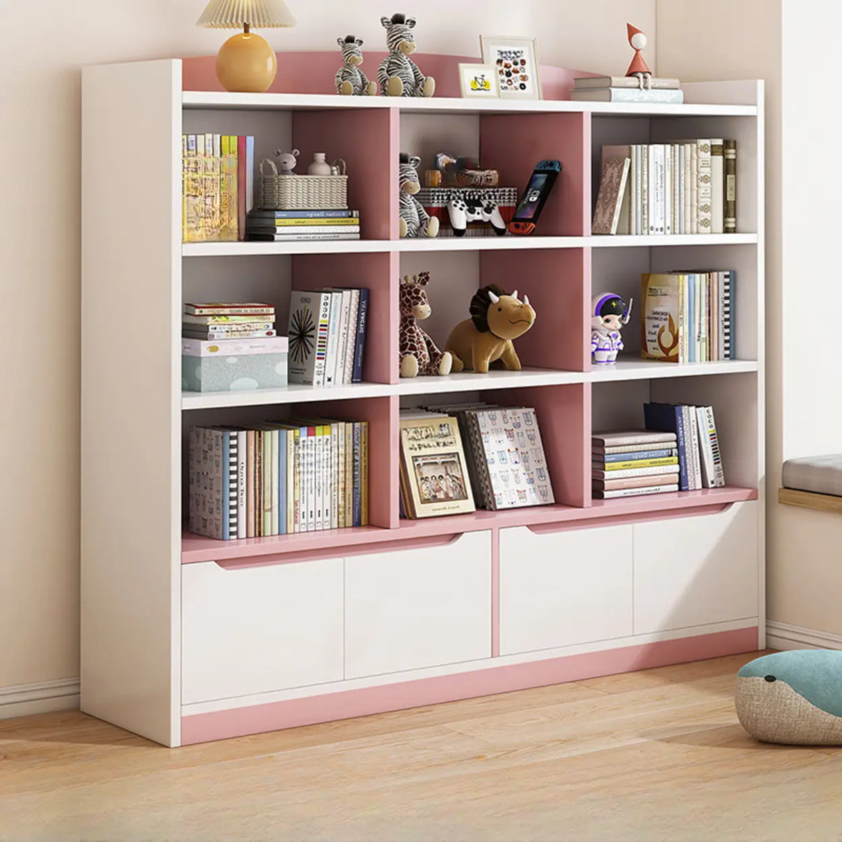 Stylish Rectangular Wooden Closed Bookcase Pink-White Image - 15