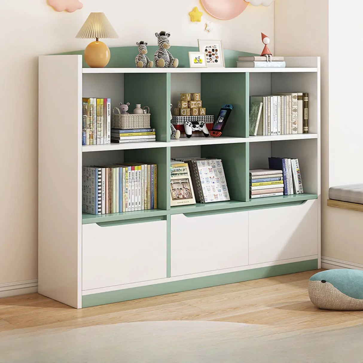 Stylish Rectangular Wooden Closed Bookcase Pink-White Image - 17