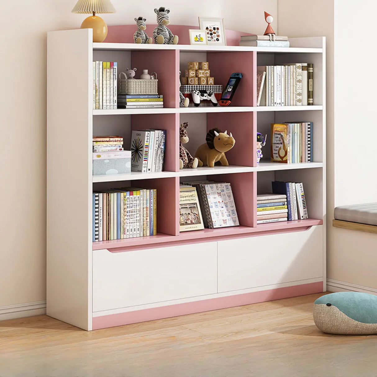 Stylish Rectangular Wooden Closed Bookcase Pink-White Image - 18