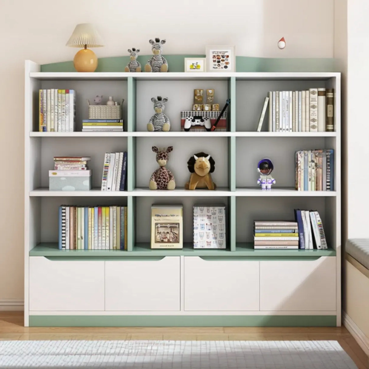 Stylish Rectangular Wooden Closed Bookcase Pink-White Image - 2