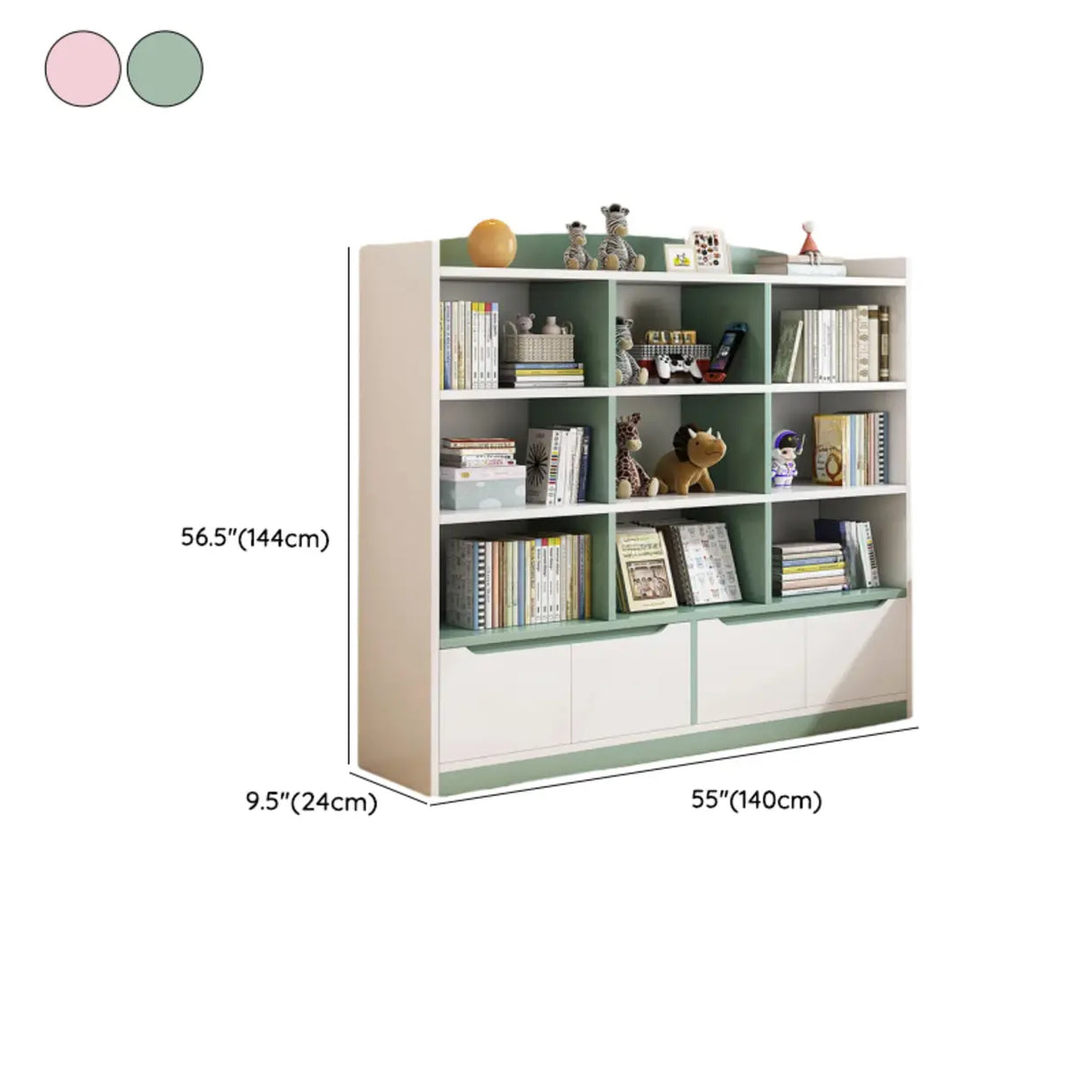 Stylish Rectangular Wooden Closed Bookcase Pink-White 