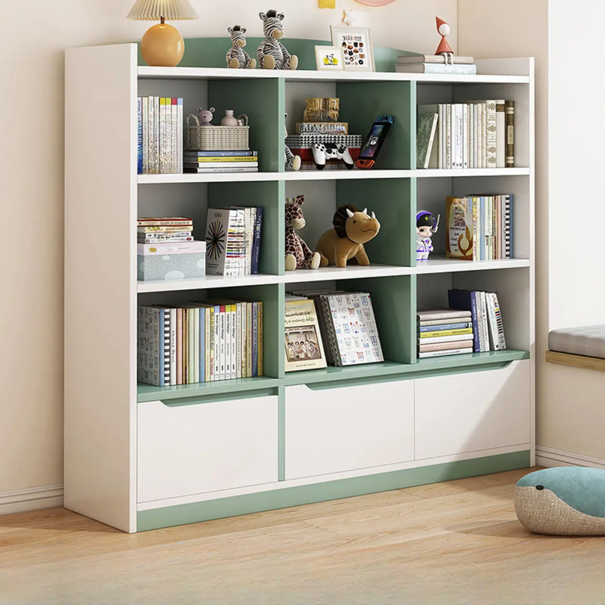Stylish Rectangular Wooden Closed Bookcase Pink-White Image - 3