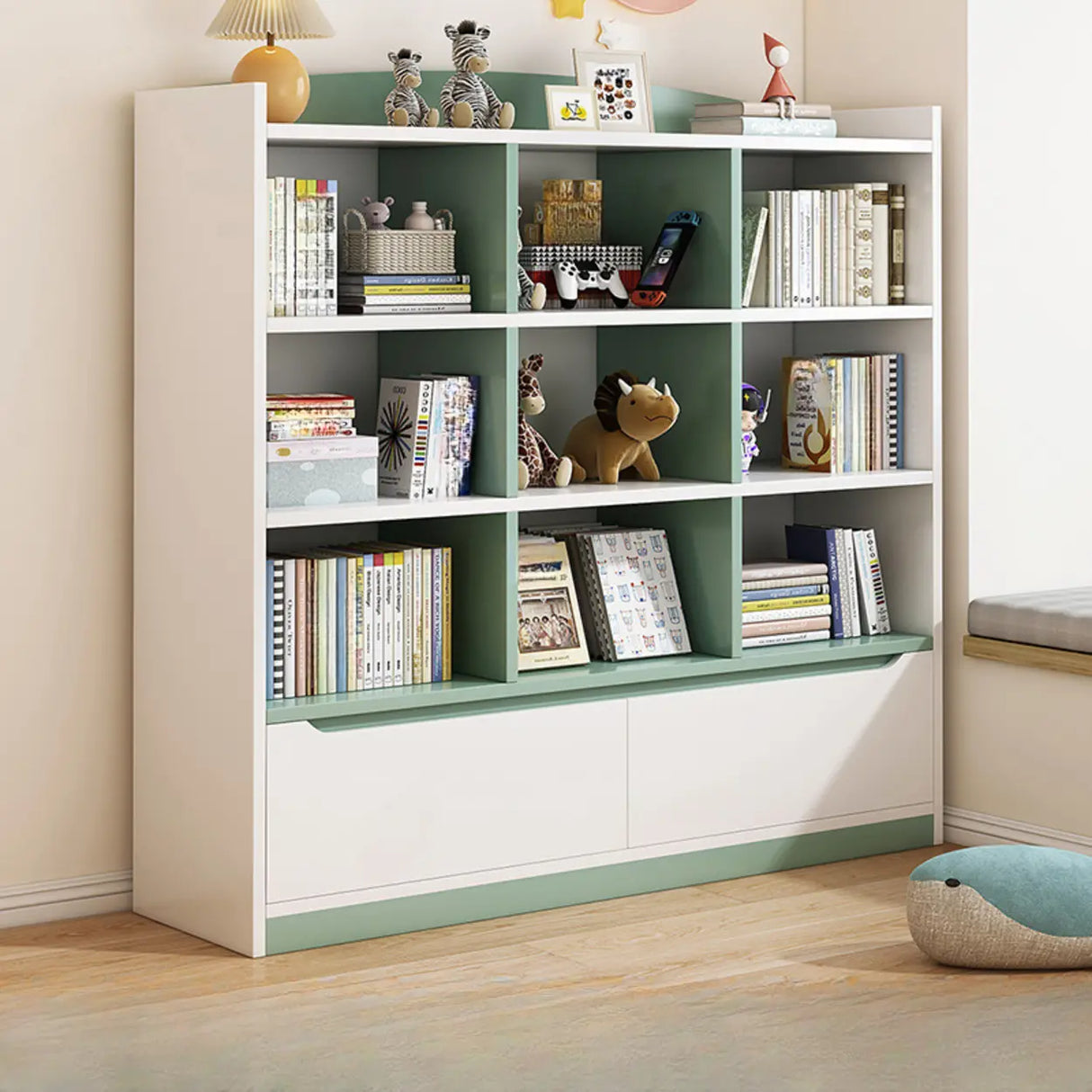 Stylish Rectangular Wooden Closed Bookcase Pink-White Image - 4