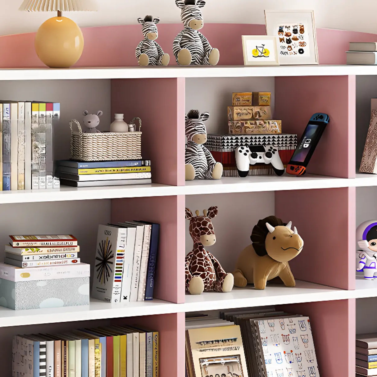 Stylish Rectangular Wooden Closed Bookcase Pink-White Image - 7