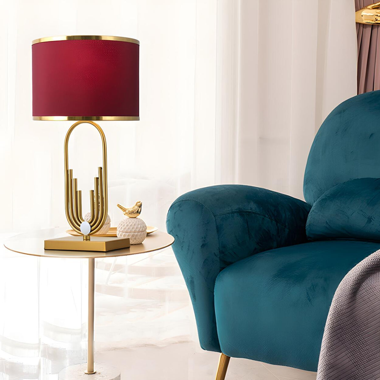 Stylish Red Fabric Drum Shade Art Metal Base Table Lamp Image - 3