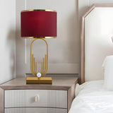 Stylish Red Fabric Drum Shade Art Metal Base Table Lamp Image - 4
