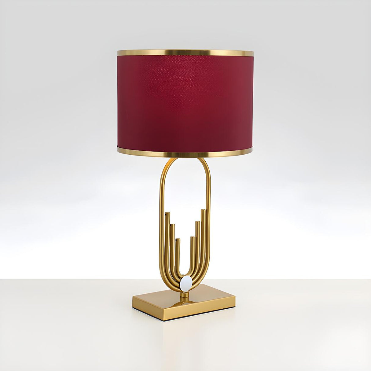 Stylish Red Fabric Drum Shade Art Metal Base Table Lamp Image - 6