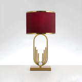 Stylish Red Fabric Drum Shade Art Metal Base Table Lamp Image - 7