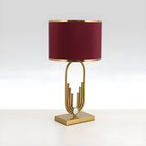 Stylish Red Fabric Drum Shade Art Metal Base Table Lamp Image - 8