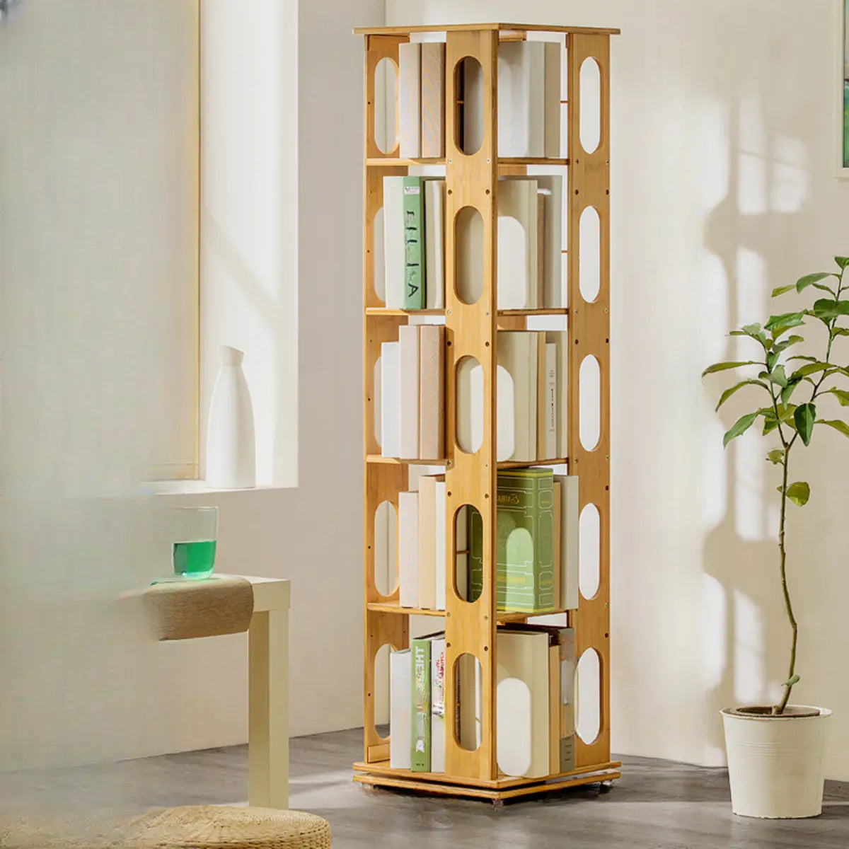 Stylish Rotating Square Wood Narrow Storage Bookcase Image - 1