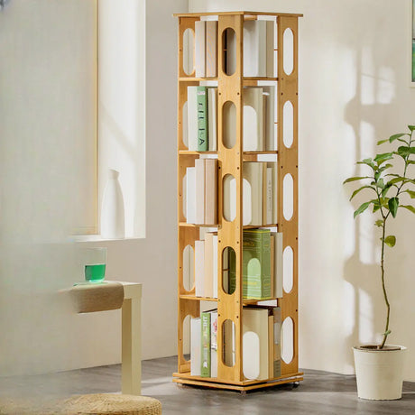 Stylish Rotating Square Wood Narrow Storage Bookcase Image - 1