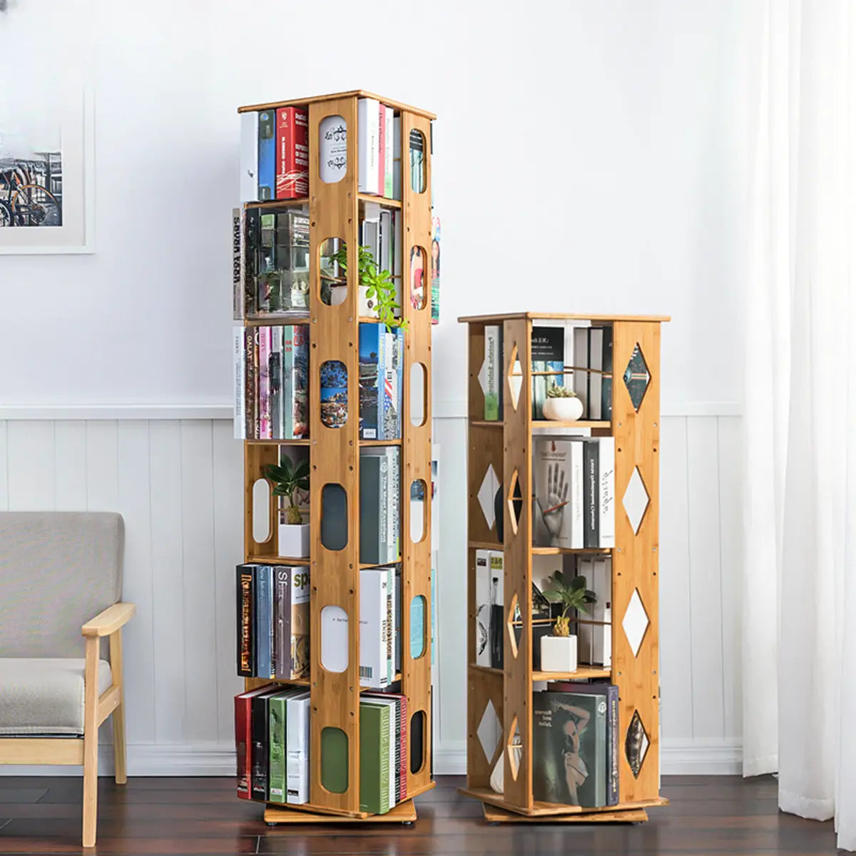 Stylish Rotating Square Wood Narrow Storage Bookcase Image - 4