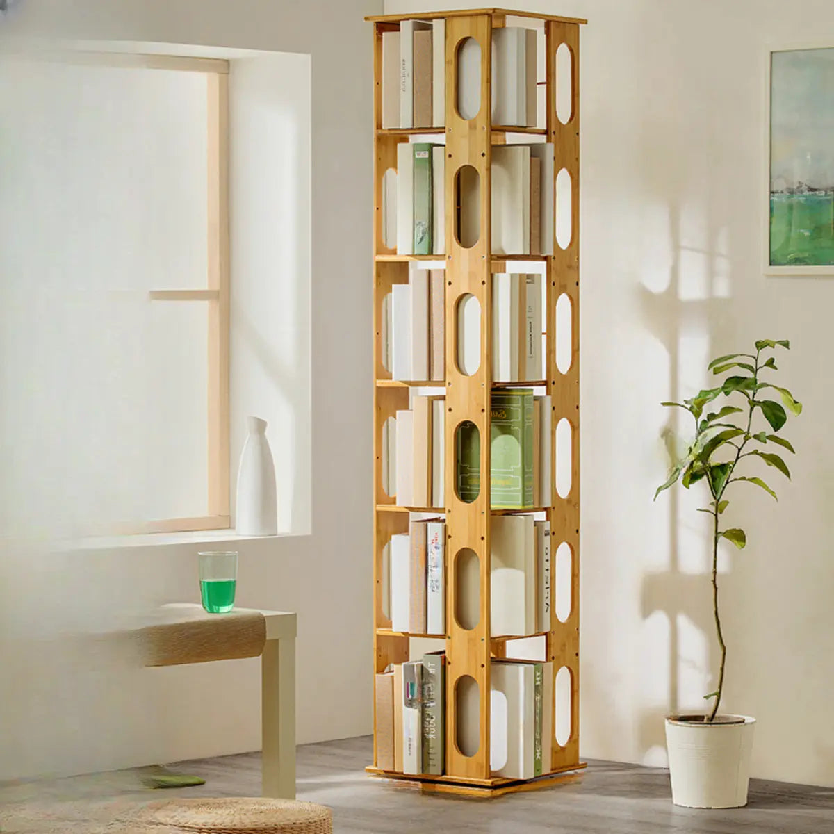Stylish Rotating Square Wood Narrow Storage Bookcase Image - 6