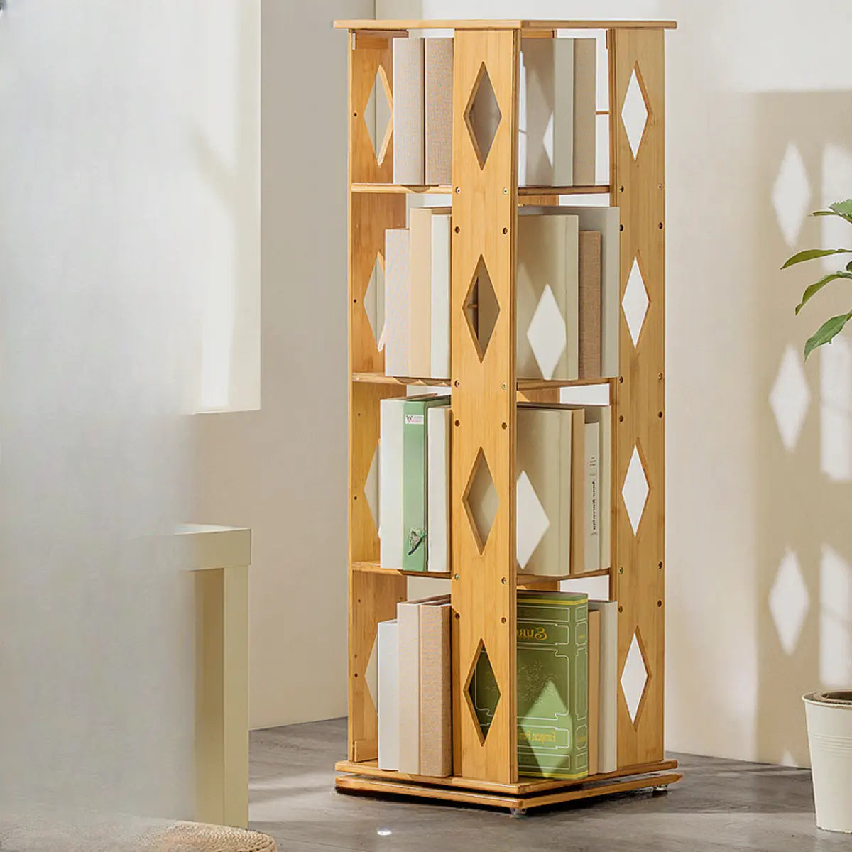 Stylish Rotating Square Wood Narrow Storage Bookcase Image - 7