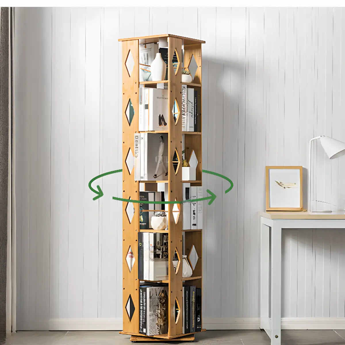 Stylish Rotating Square Wood Narrow Storage Bookcase Image - 8