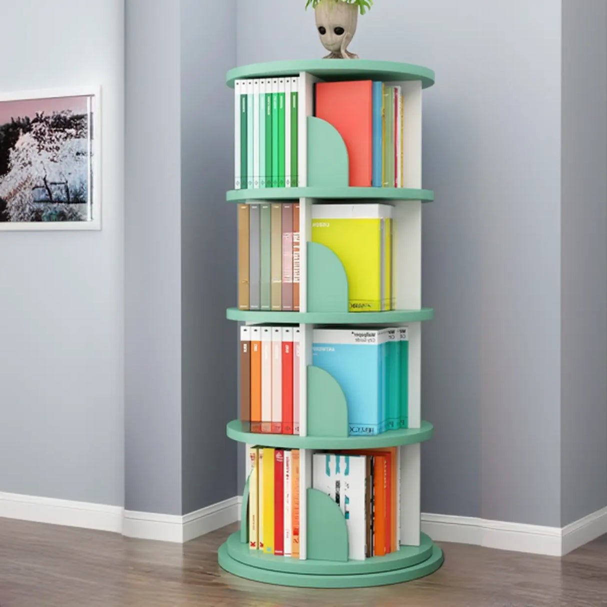 Stylish Round Revolver Tower Wooden Storage Bookcase Image - 10