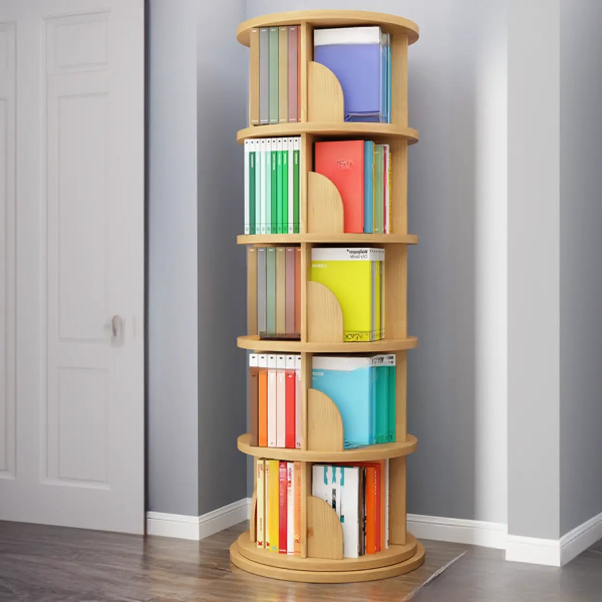 Stylish Round Revolver Tower Wooden Storage Bookcase Image - 12
