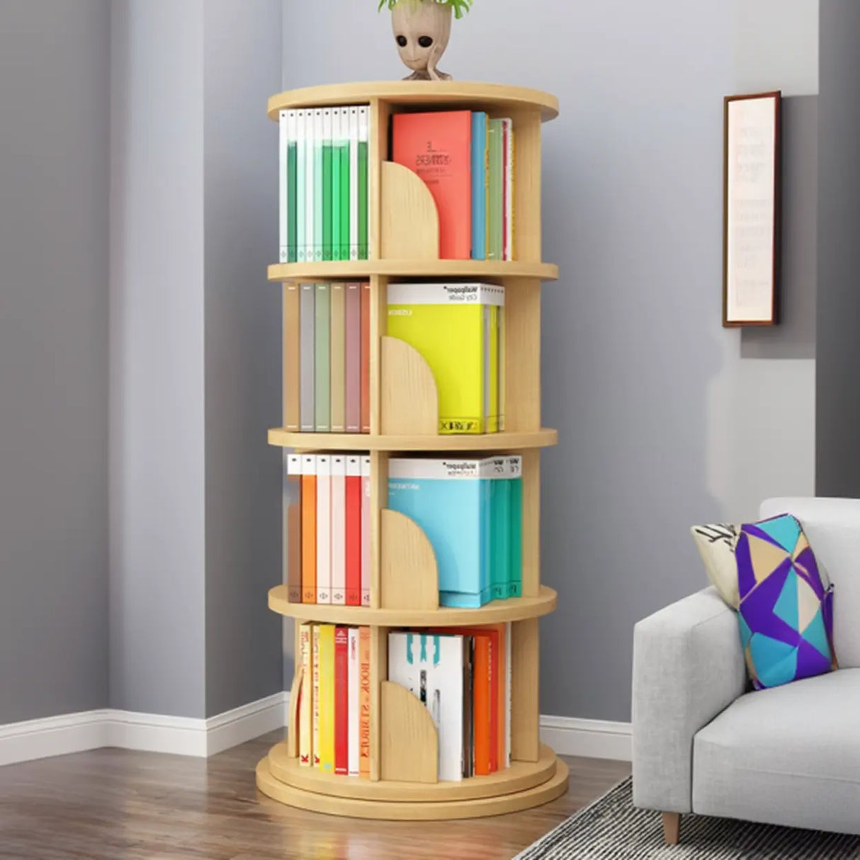 Stylish Round Revolver Tower Wooden Storage Bookcase Image - 13