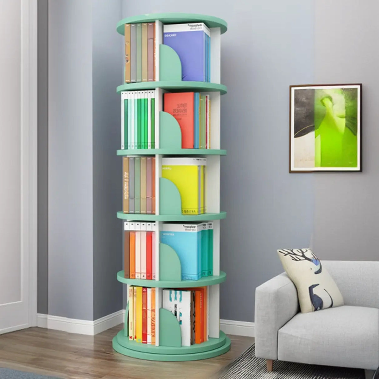 Stylish Round Revolver Tower Wooden Storage Bookcase Image - 14