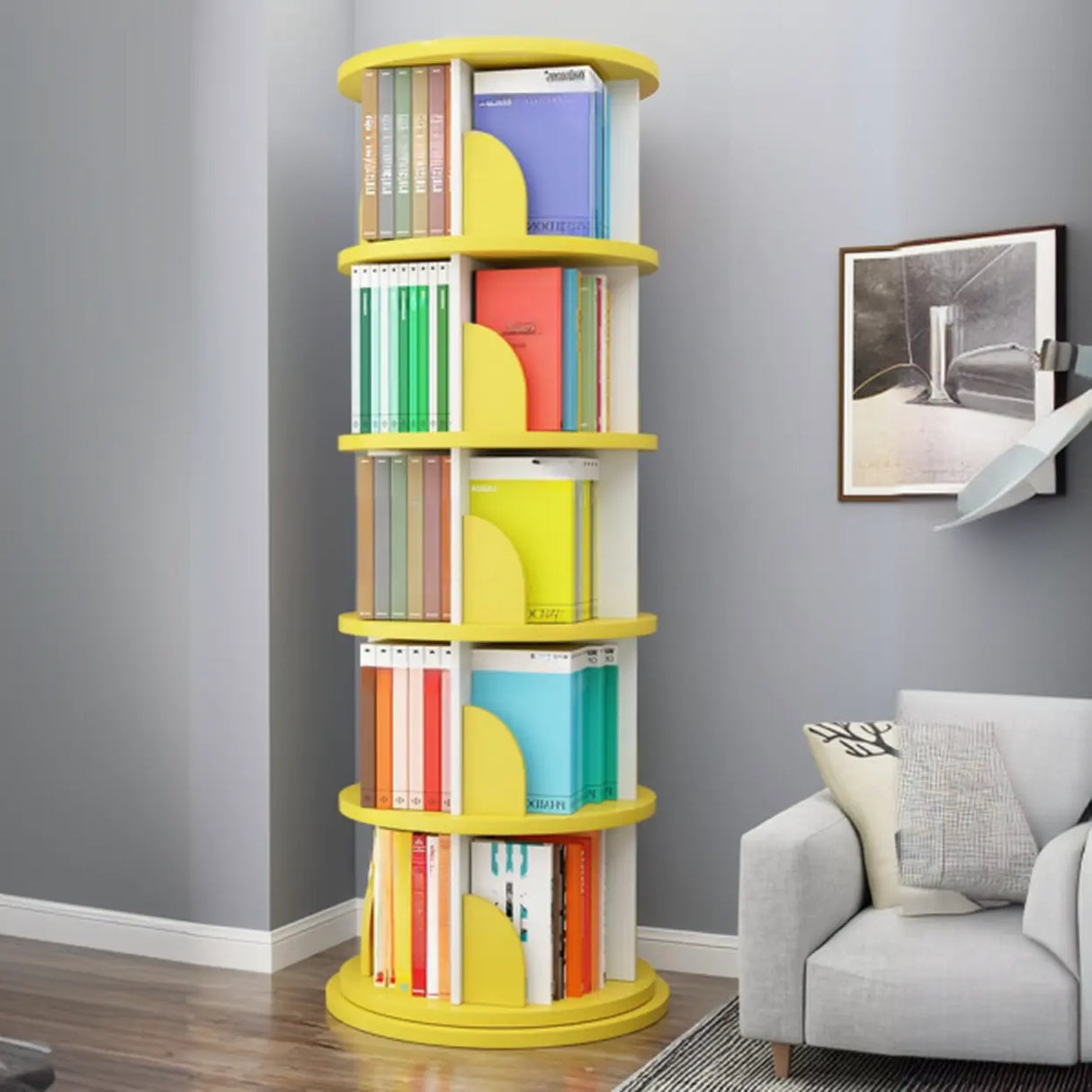 Stylish Round Revolver Tower Wooden Storage Bookcase Image - 15
