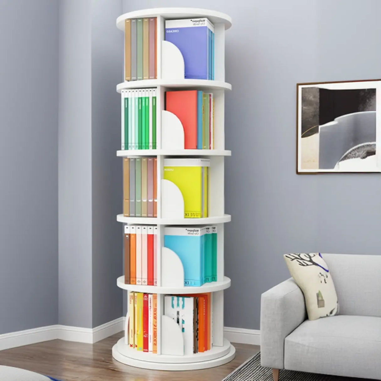 Stylish Round Revolver Tower Wooden Storage Bookcase Image - 16