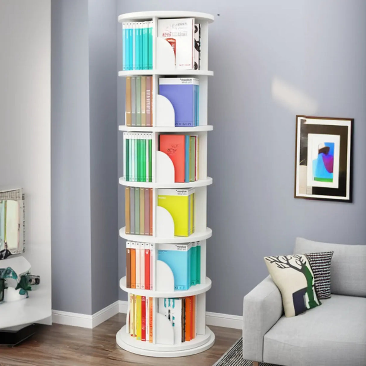 Stylish Round Revolver Tower Wooden Storage Bookcase Image - 18