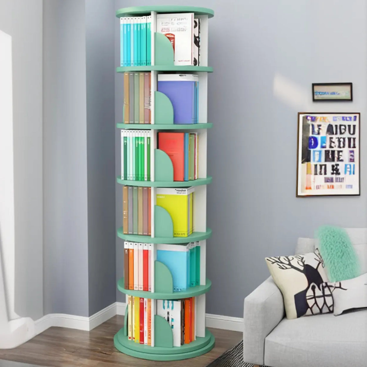 Stylish Round Revolver Tower Wooden Storage Bookcase Image - 19