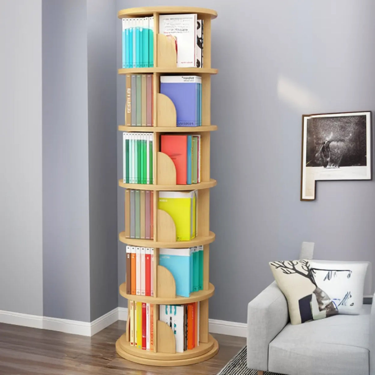 Stylish Round Revolver Tower Wooden Storage Bookcase Image - 20