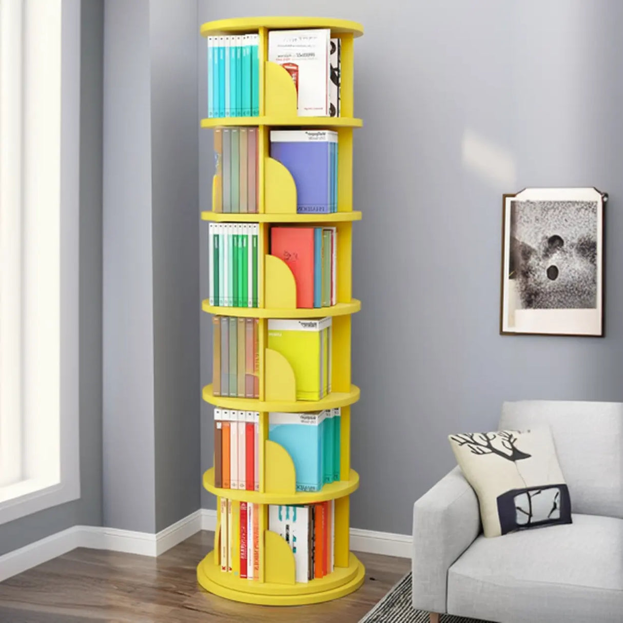 Stylish Round Revolver Tower Wooden Storage Bookcase Image - 21